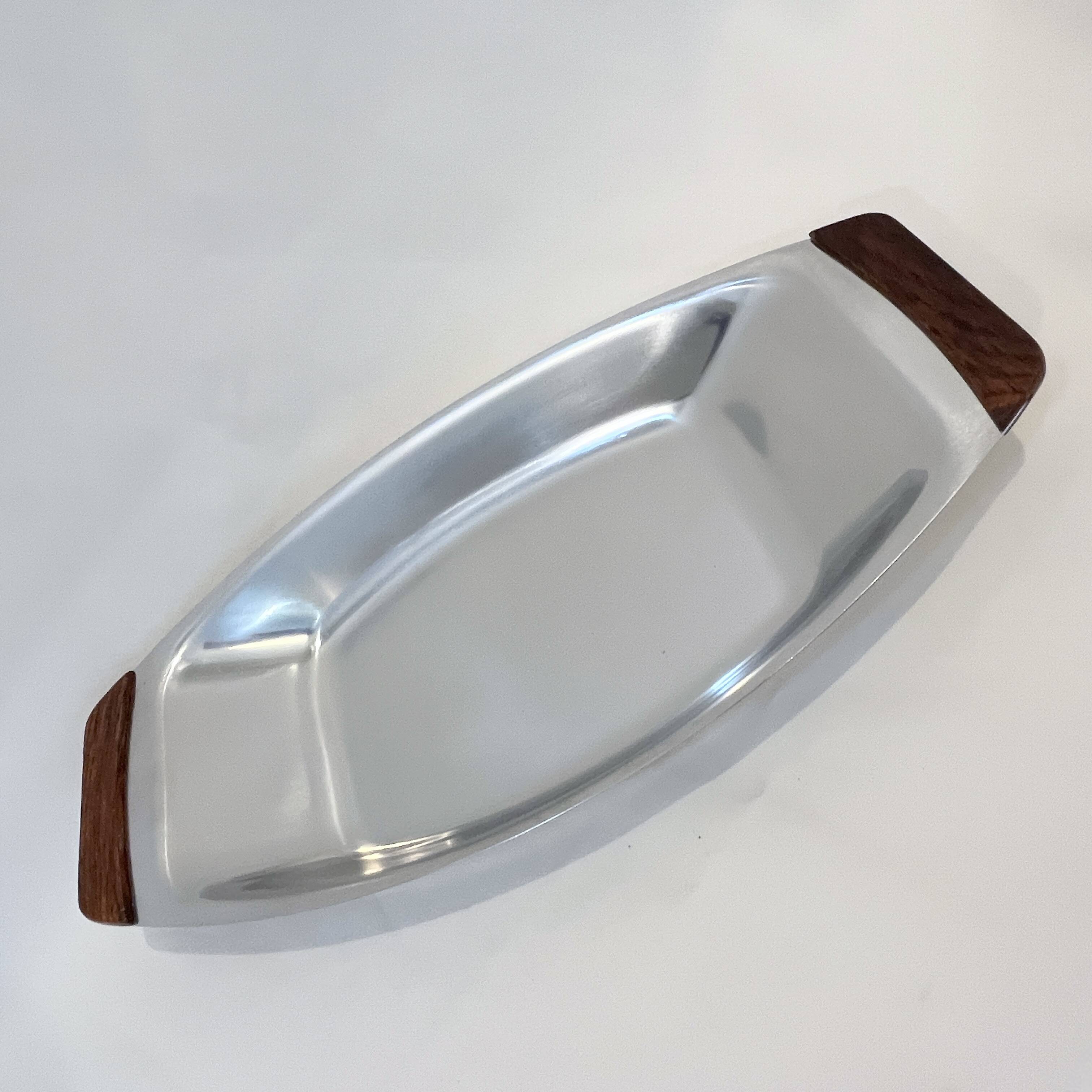 Large rectangular stainless steel and teak dish Braun & Kemmler West Germany 1970