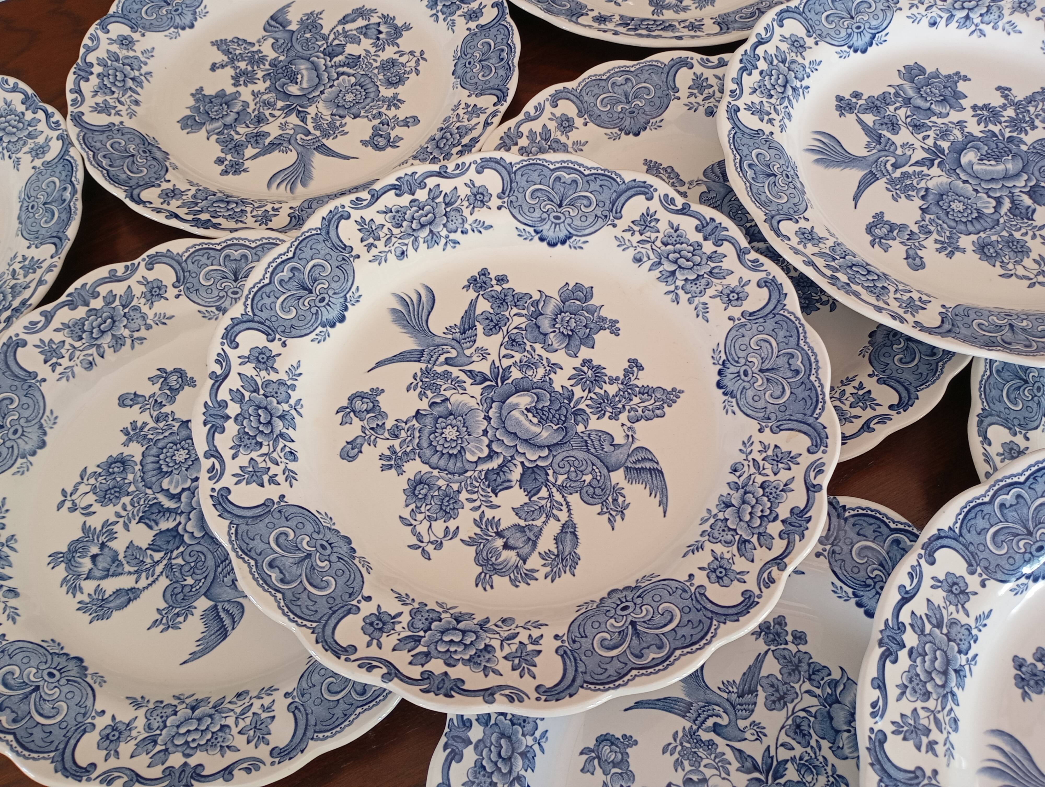 Assiettes plates anglaises Ridgway 'Windsor' bleu & blanc