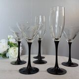 6 shiny black stemmed glasses domino collection by Luminarc, vintage 1980