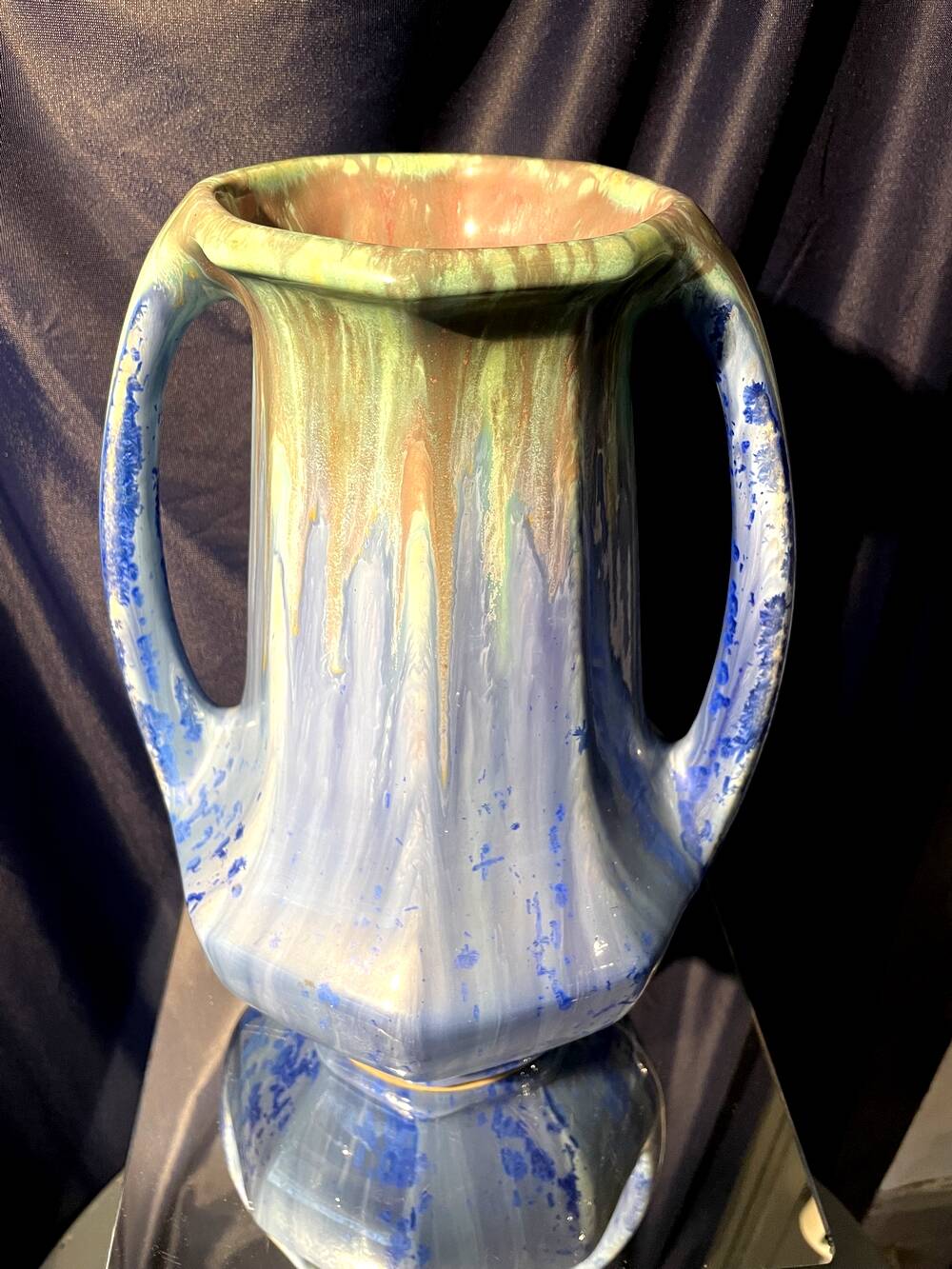 Grand vase forme amphore en gres de pierrefonds a couleur bleue et verte