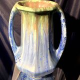 Grand vase forme amphore en gres de pierrefonds a couleur bleue et verte