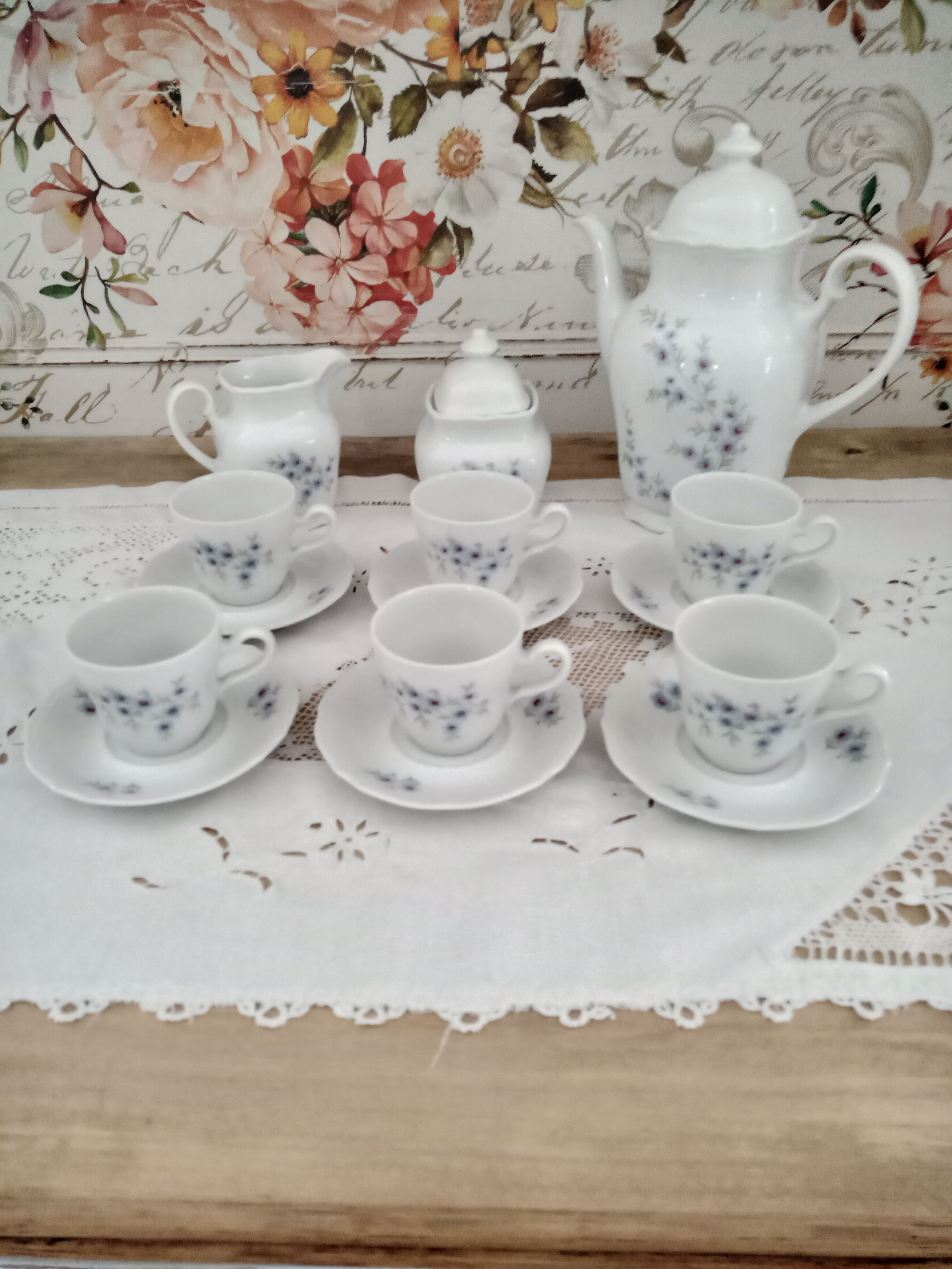 Vintage 15-piece coffee set in white porcelain Bavaria with small blue flowers