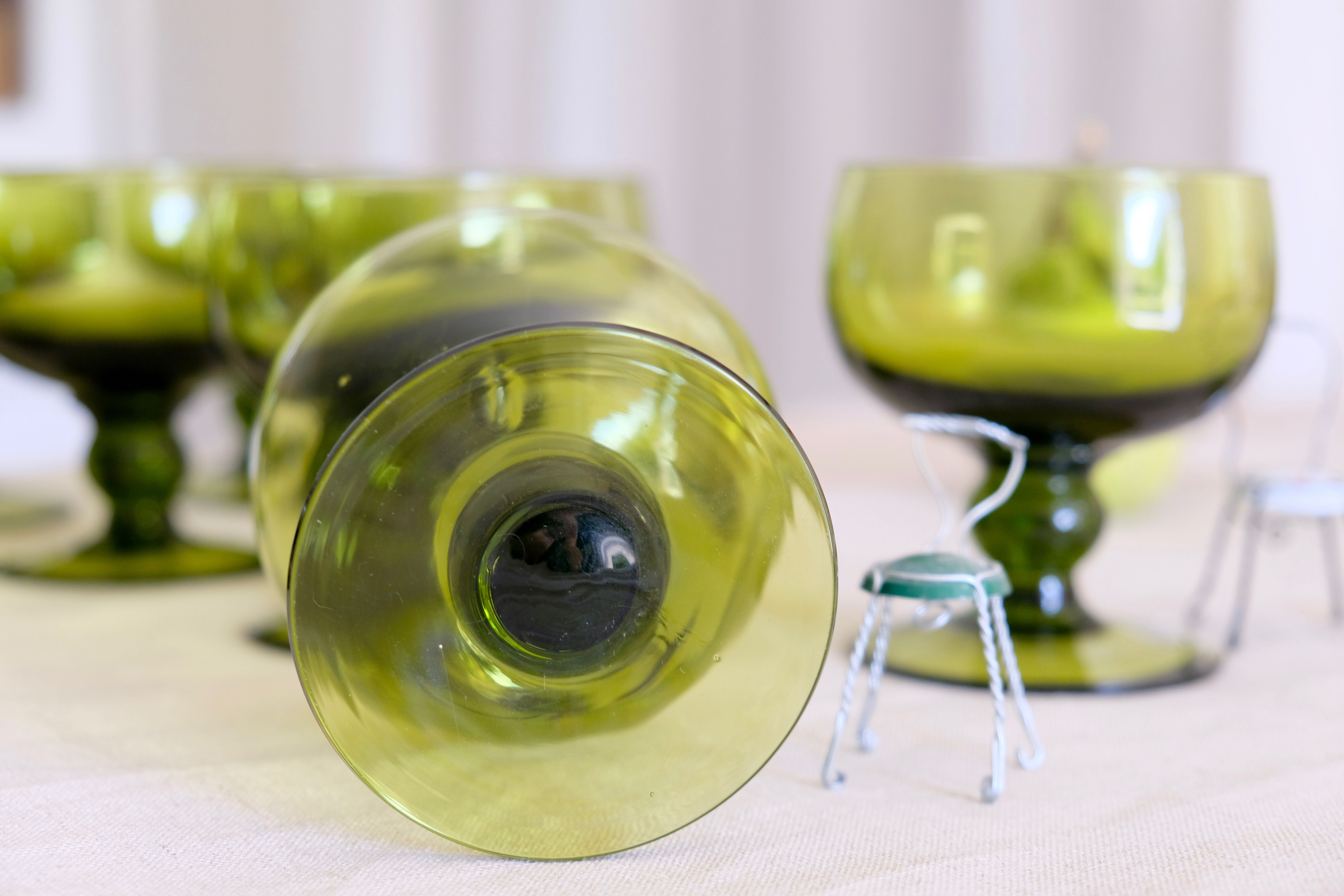 Set of 12 olive green wine glasses, mouth soufflé from the 50s