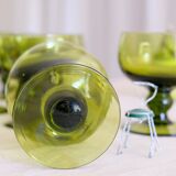 Set of 12 olive green wine glasses, mouth soufflé from the 50s