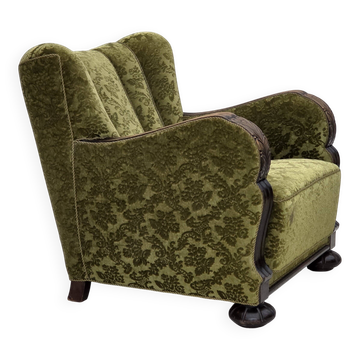 1950s, Danish relax chair, furniture velour, oak wood.