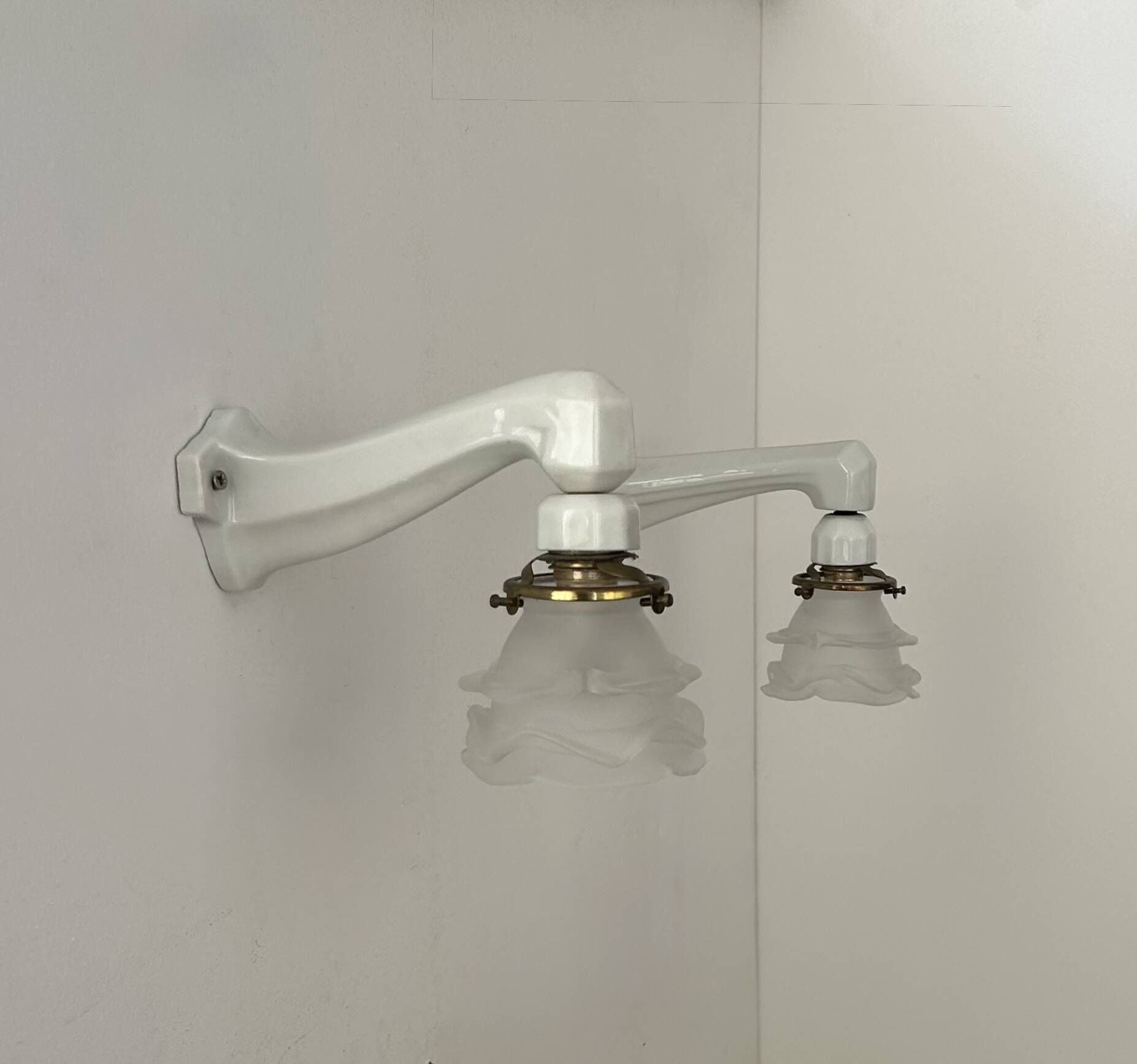 Pair of vintage art deco wall lights, porcelain and sandblasted glass, France 1930