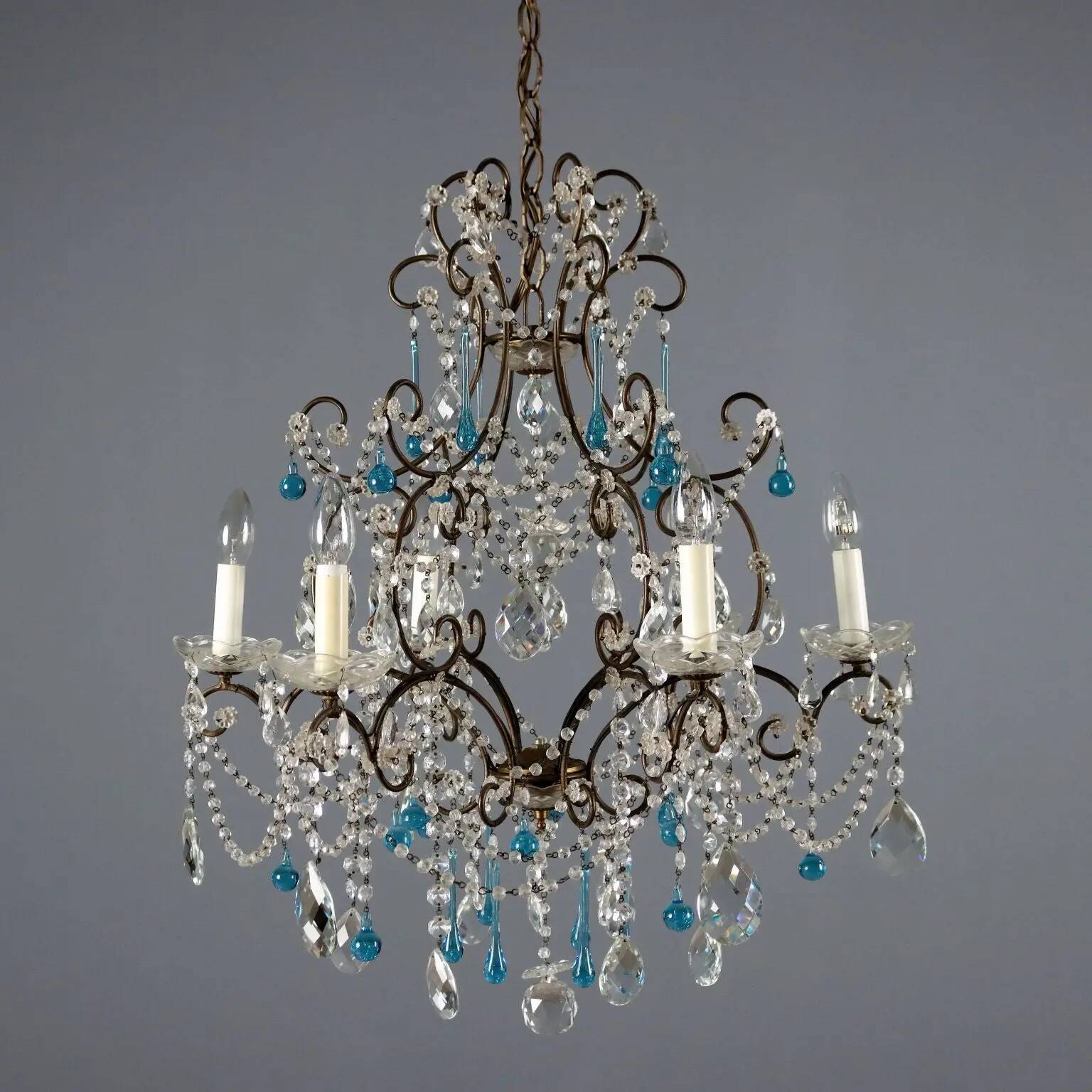 Pair of antique chandeliers in burnished iron and glass, 6 lights, Italy, 19th century.