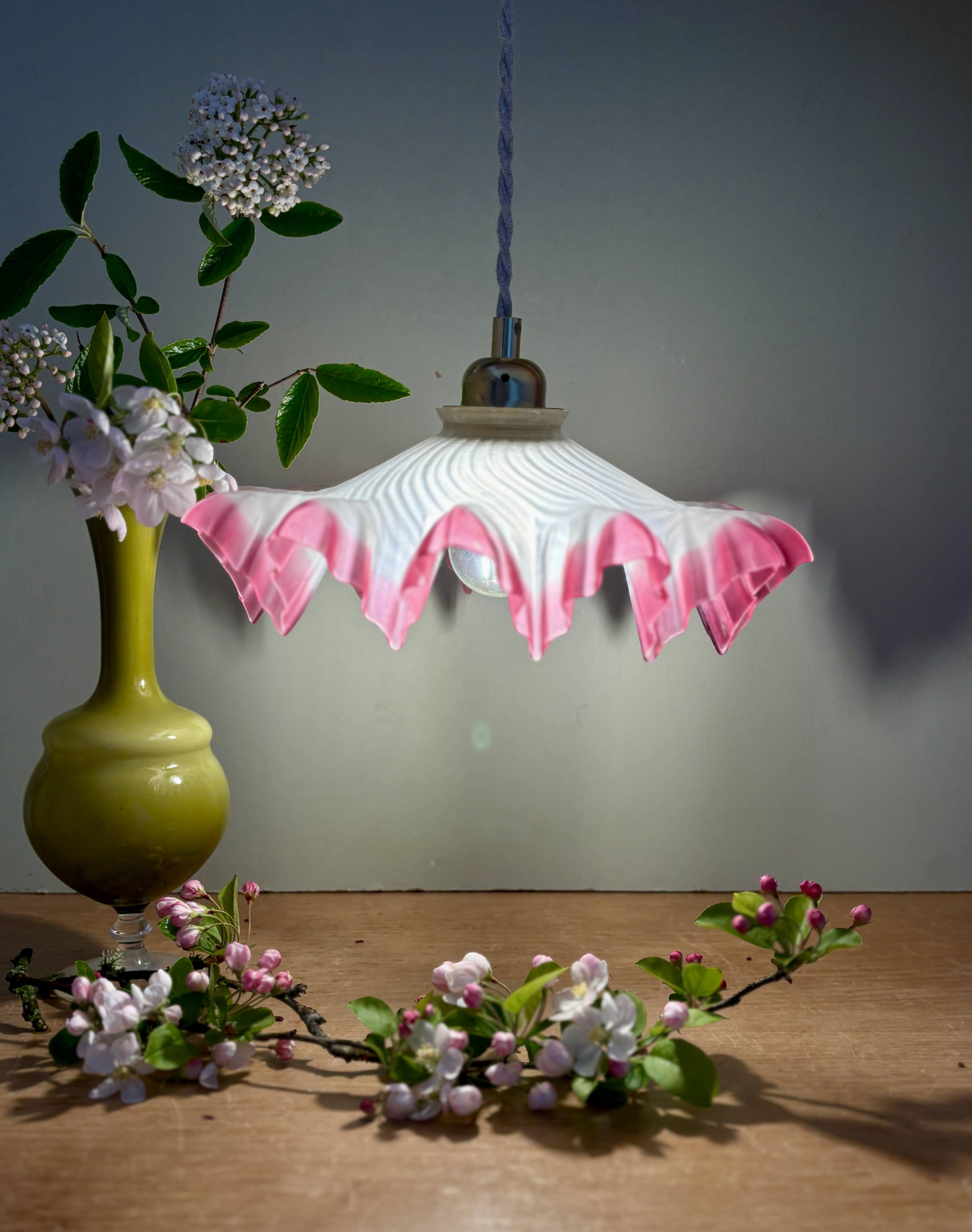Vintage lace lampshade pendant light in pink frosted glass