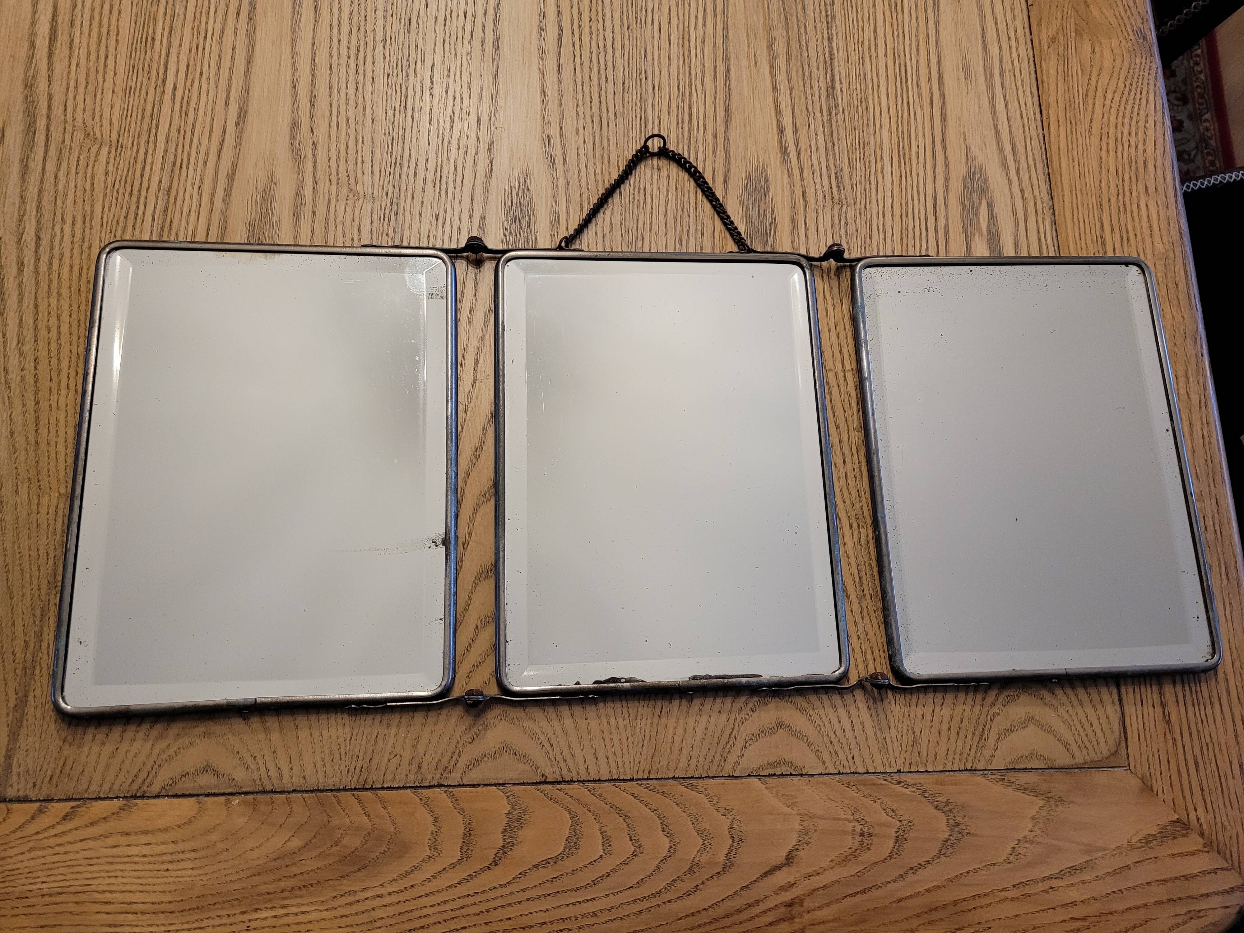Old beveled triptych barber mirror 60x25cm
