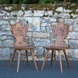 Set of 4 carved wooden stepladder chairs, pharmacy, brutalist, mountain style