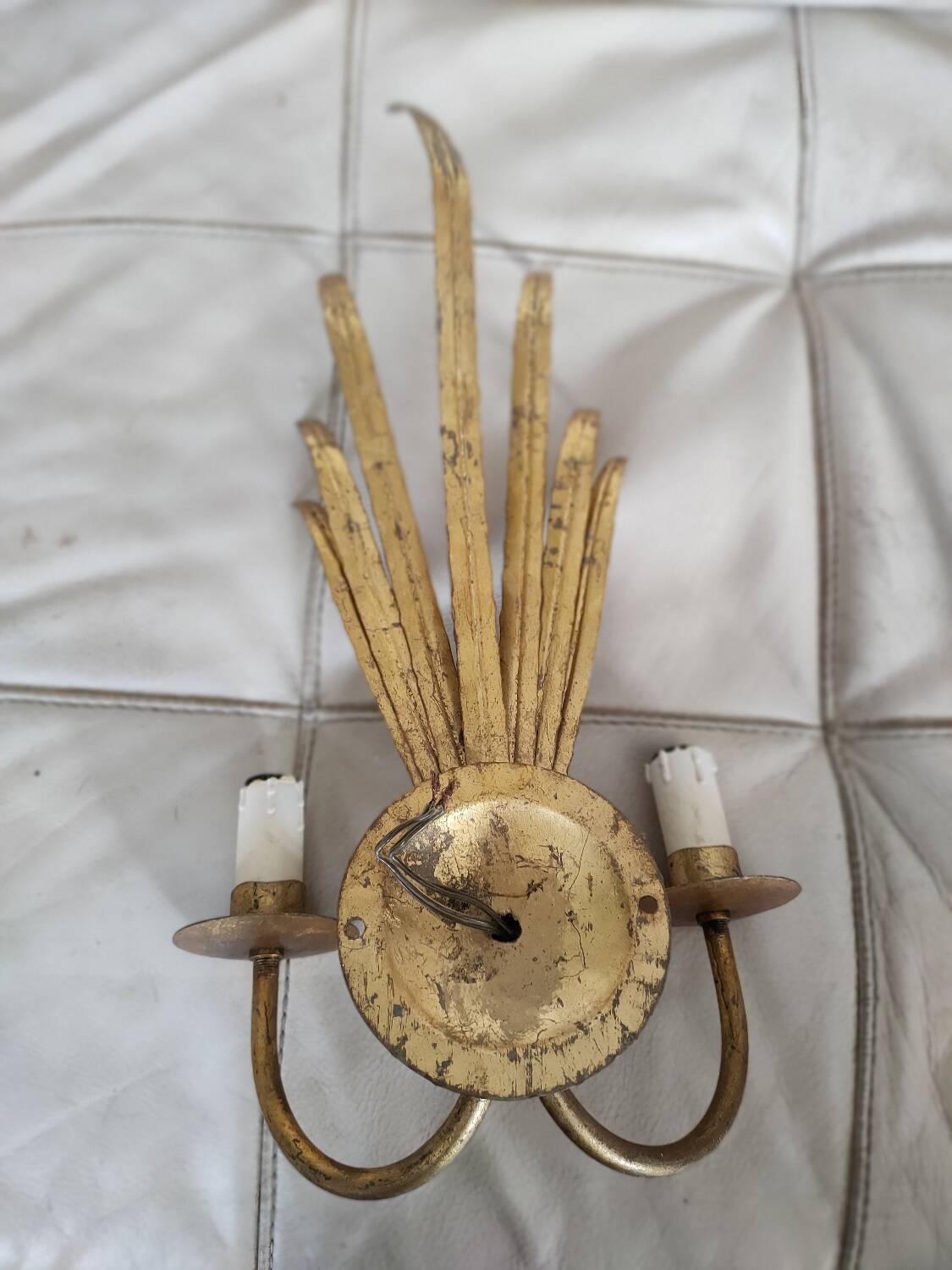 Pair of vintage wall lights, two golden arms, foliage