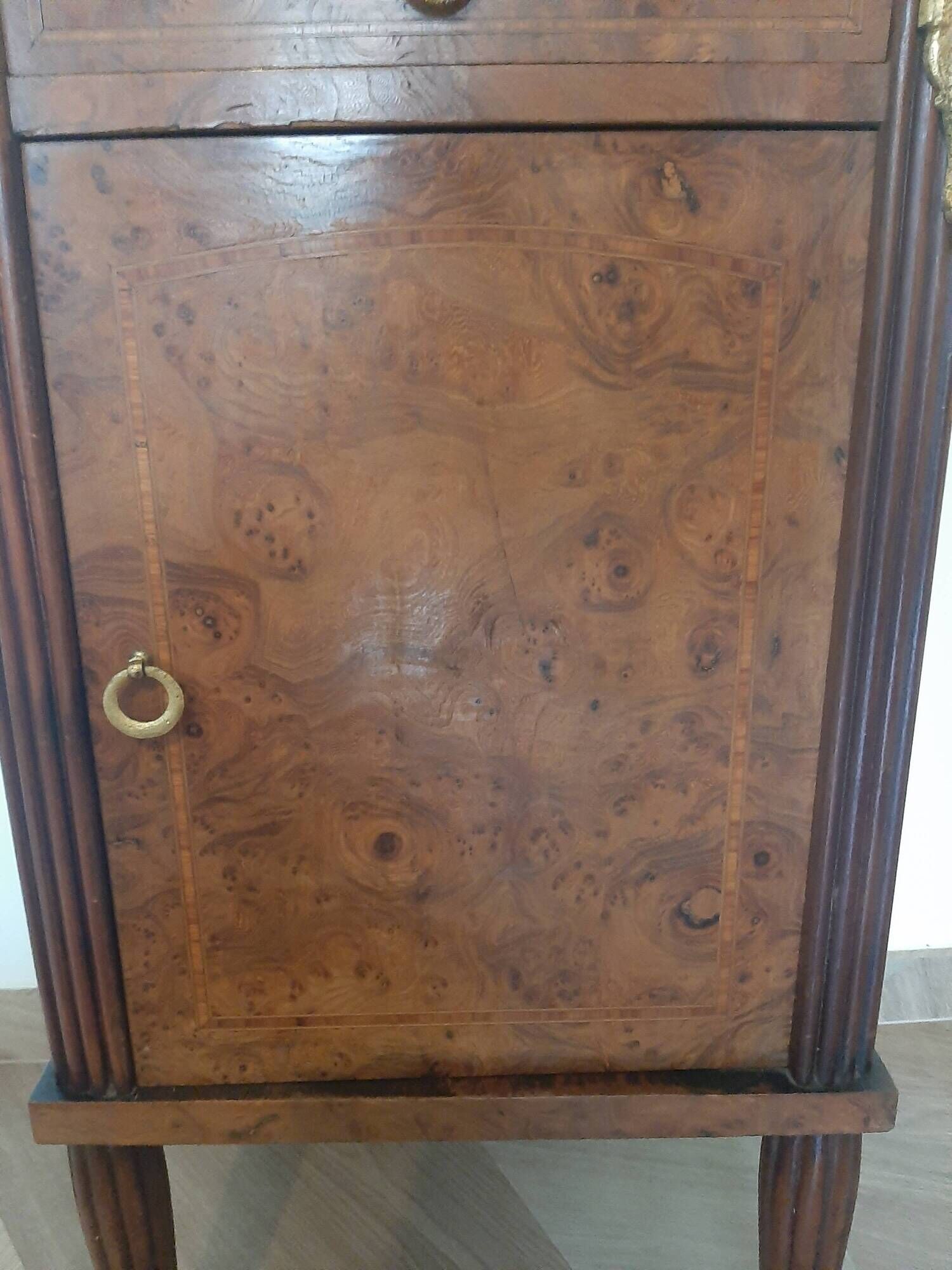 pretty Louis XVI Style bedside cabinet - 1 drawer - 1 Elm Burl marble tray door