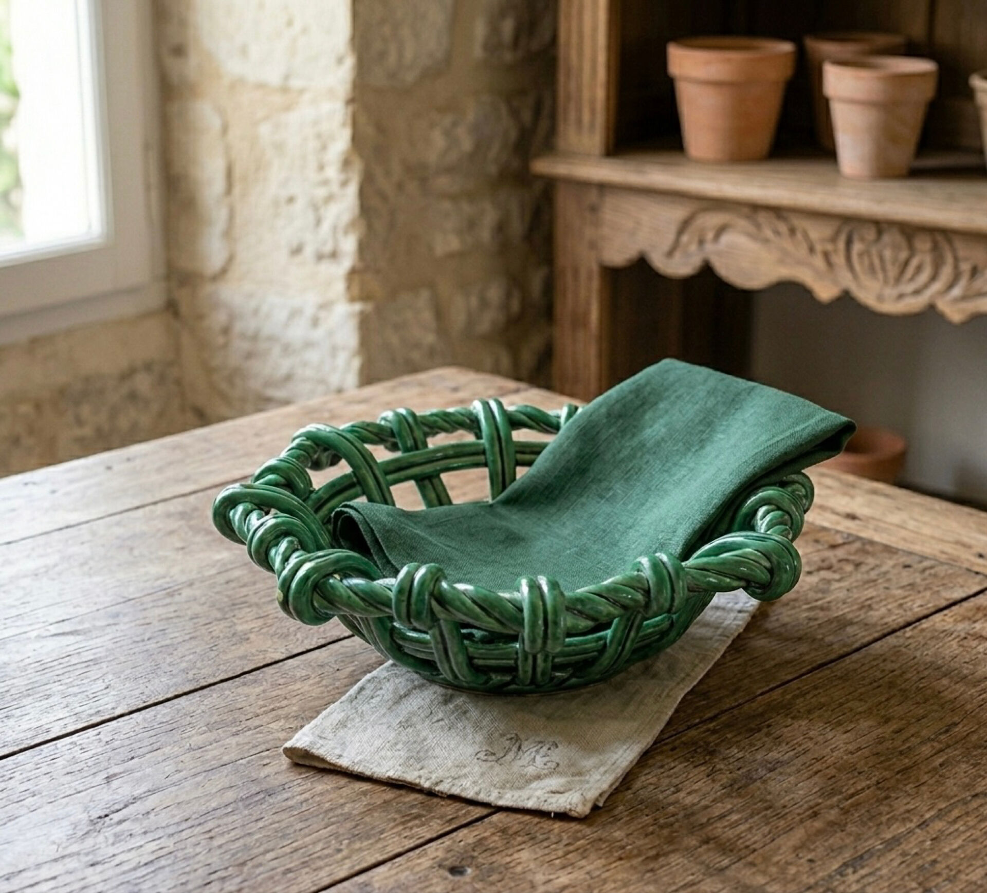 Woven openwork basket in Vallauris ceramic – emerald green –