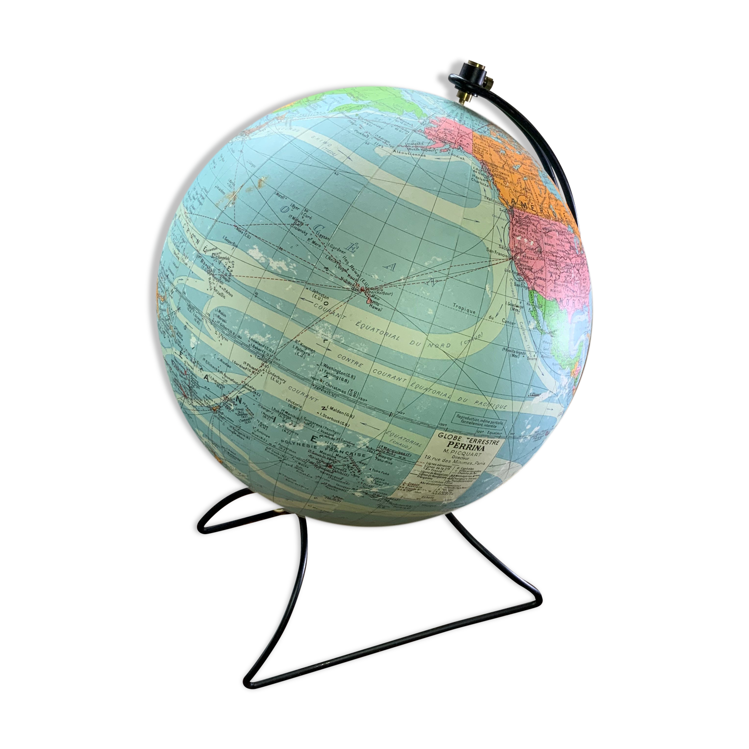 Vintage globe 1930 Perrina Picquart Metal and glass entirely original map geography