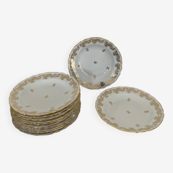 Assiettes creuses vintage année 50 en porcelaine fine de Limoges blanche aux motifs dorés - Modèle P