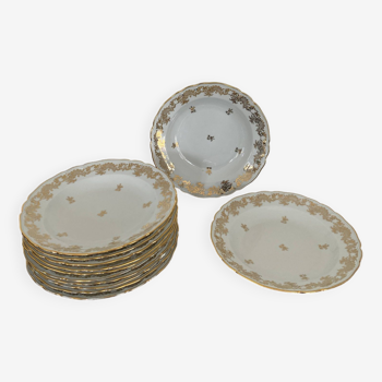 Vintage 1950s soup plates in fine white Limoges porcelain with gold patterns - Model P