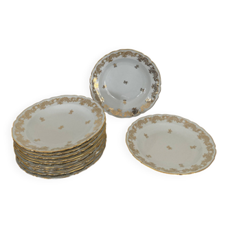 Vintage 1950s soup plates in fine white Limoges porcelain with gold patterns - Model P