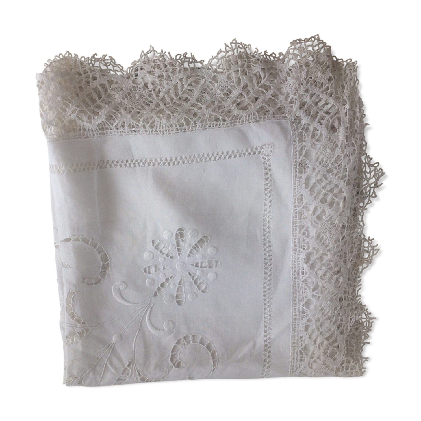 Old tablecloth with embroidery and handmade lace