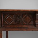 Table console espagnole ancienne en chêne avec tiroirs fabriqués à la main, 18ème siècle