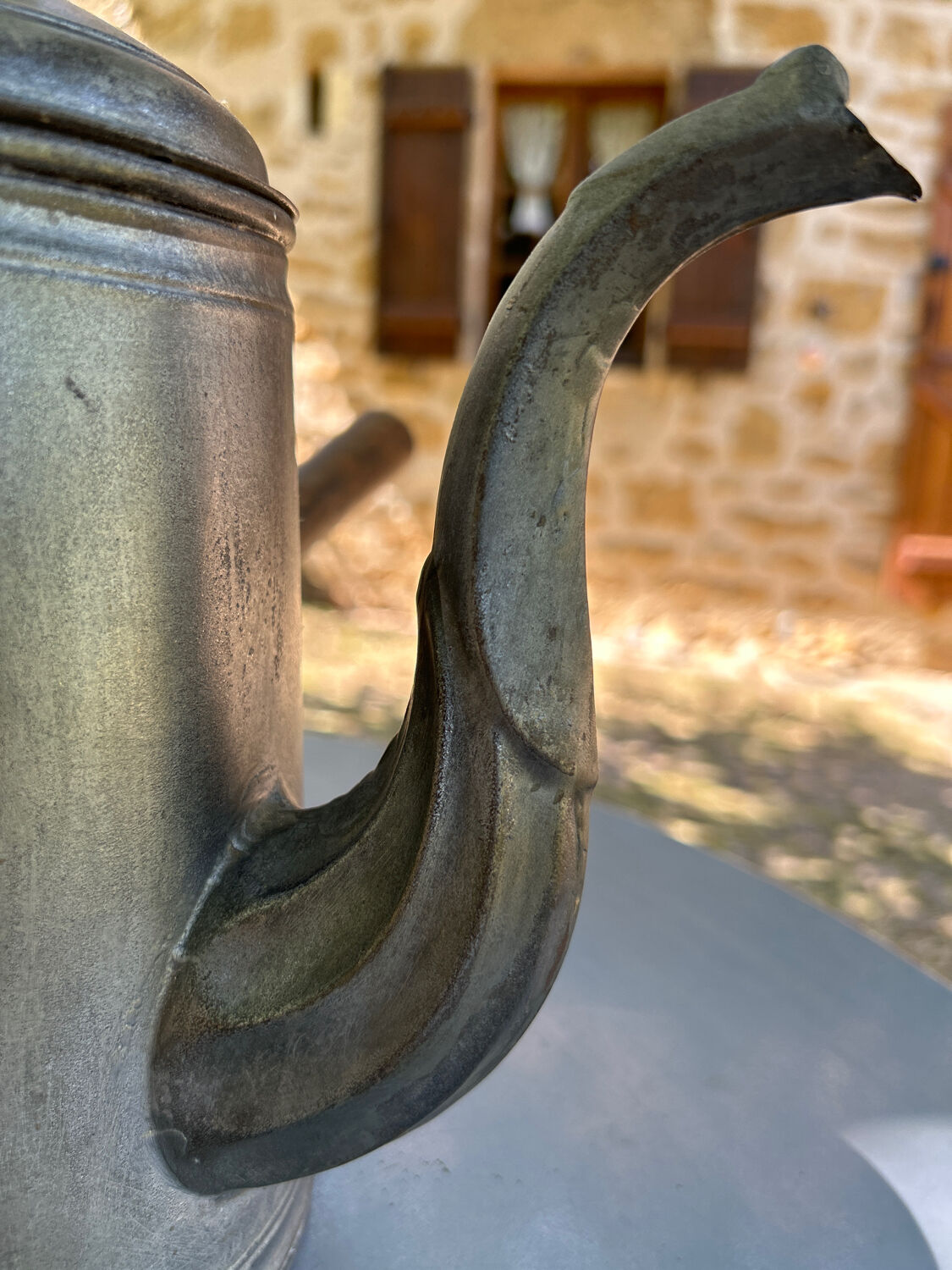 Tin coffee maker or kettle and wooden handle