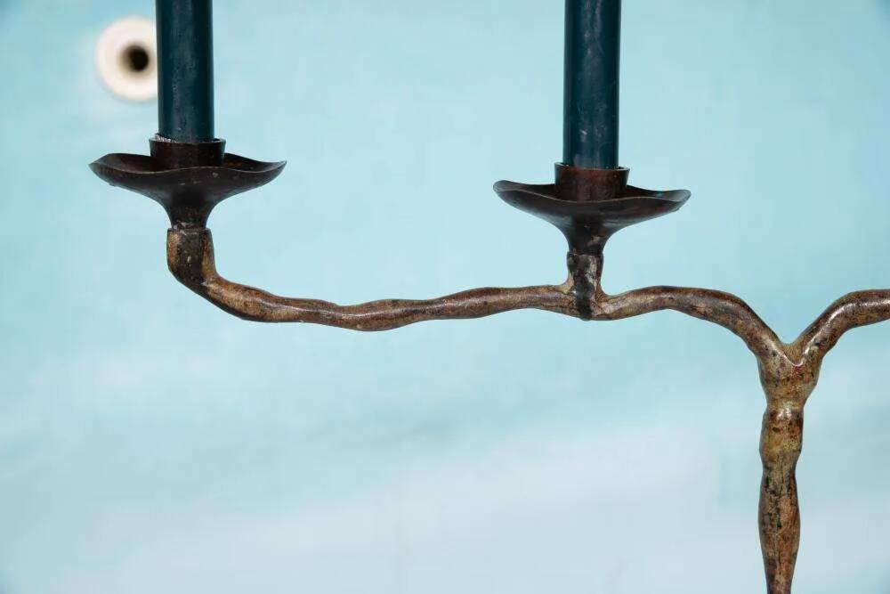 Vintage 1960s chandelier, patinated bronze Japandi chandelier.