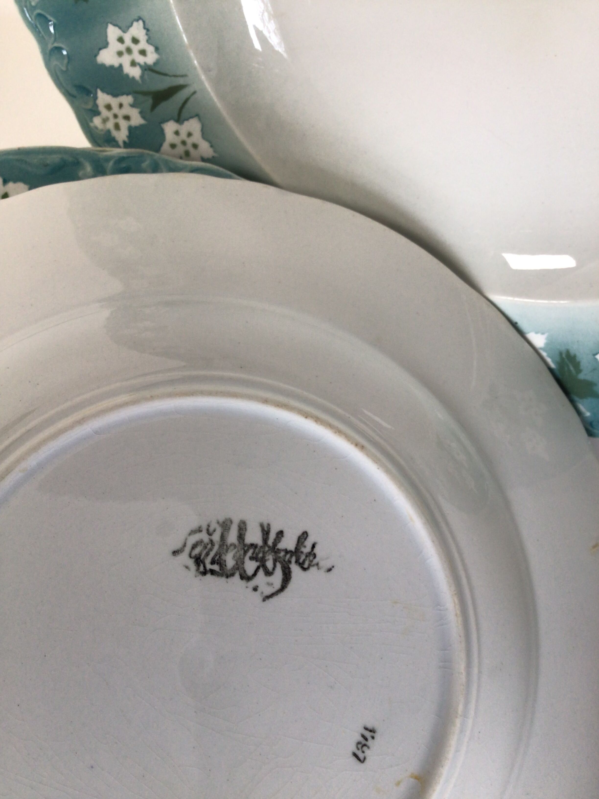 5 Hollow plates Sarreguemines wavy edge blue white flowers