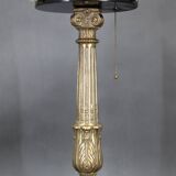 1940s restored brass table lamp with wooden base and glass shade