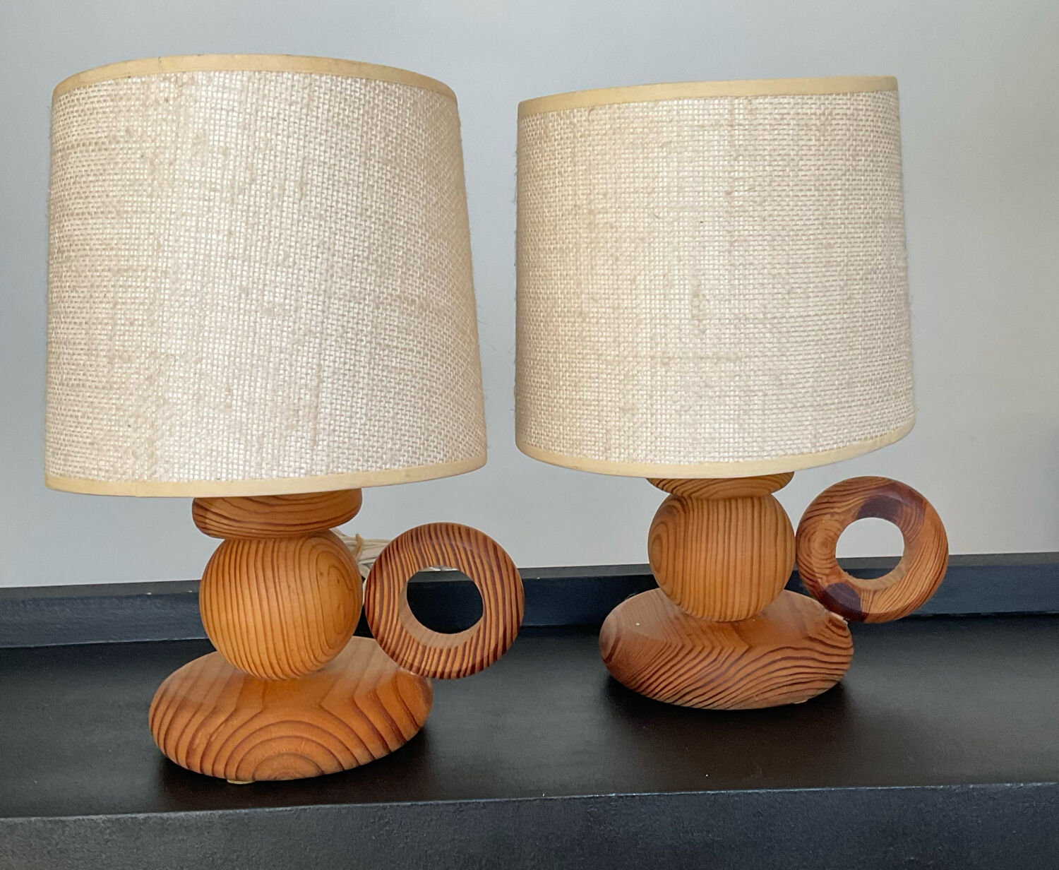 Pair of Scandinavian wooden lamps 60s-70s