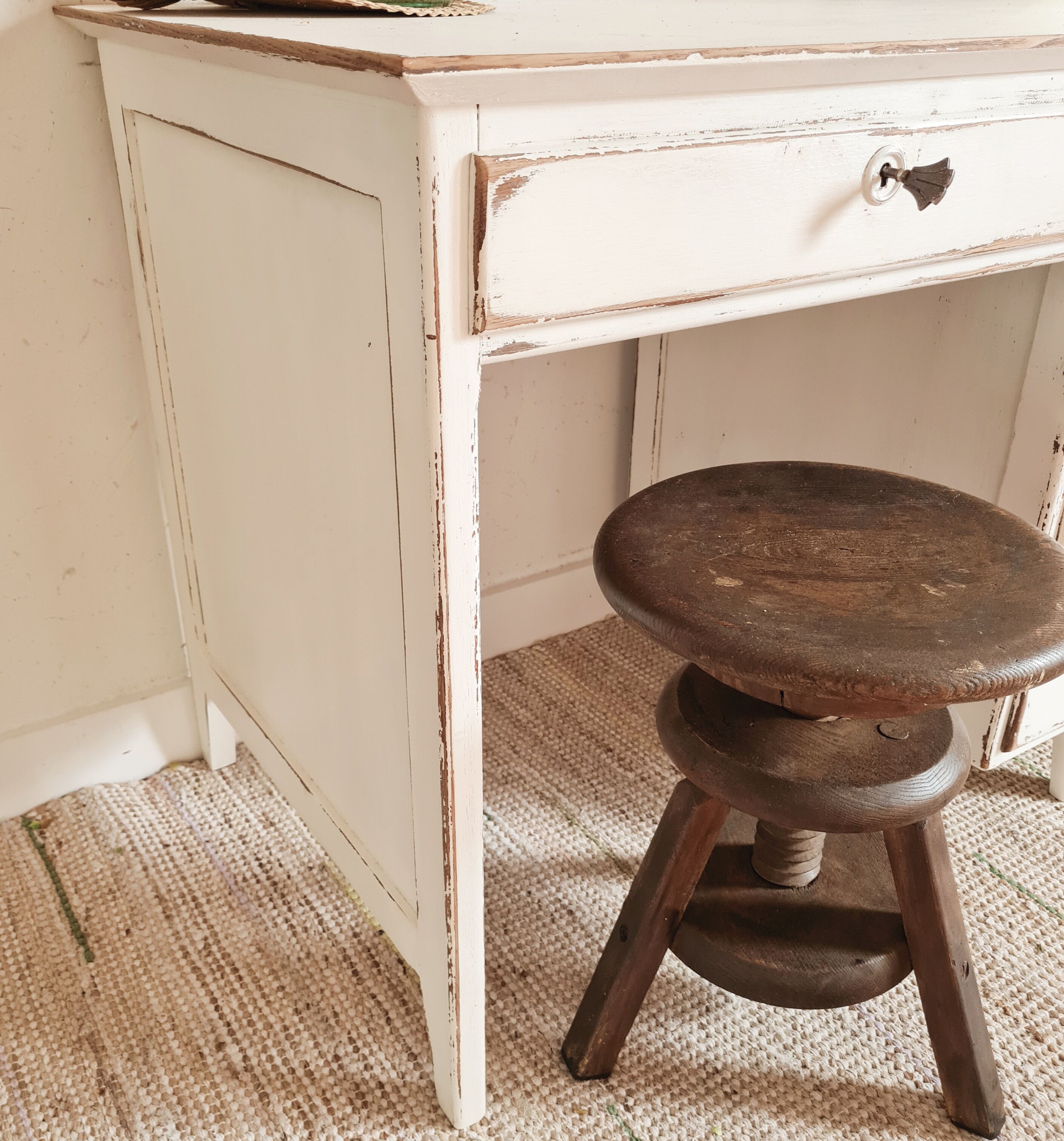 Retro white oak desk patinated foot compass