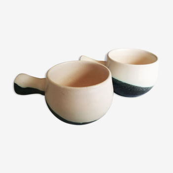 Pair of Black and White Cups in enamelled ceramic - 70s