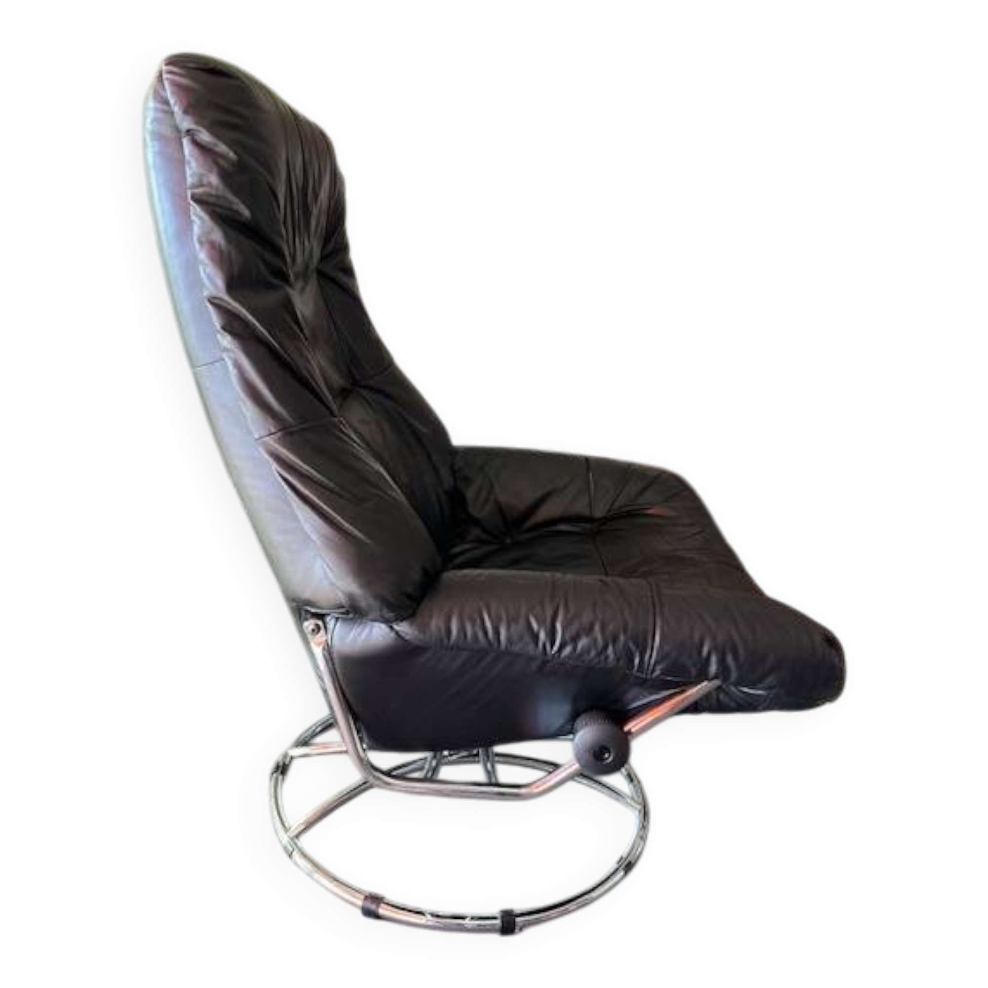 swivel armchair and Mid-Century stool in black leather, Denmark, set of 2