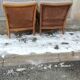 Pair of vintage cannage and fabric armchairs