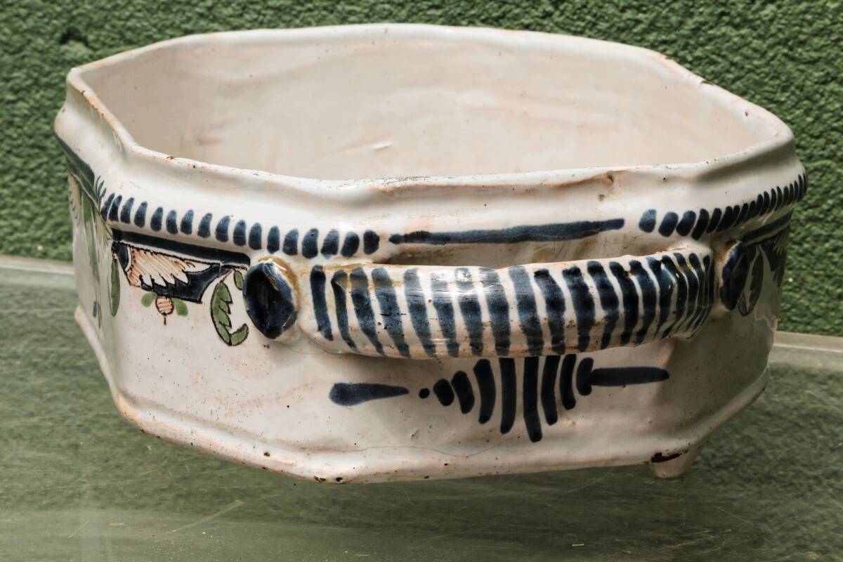 Cut-corner jardinière, in Rouen faience, 18th century