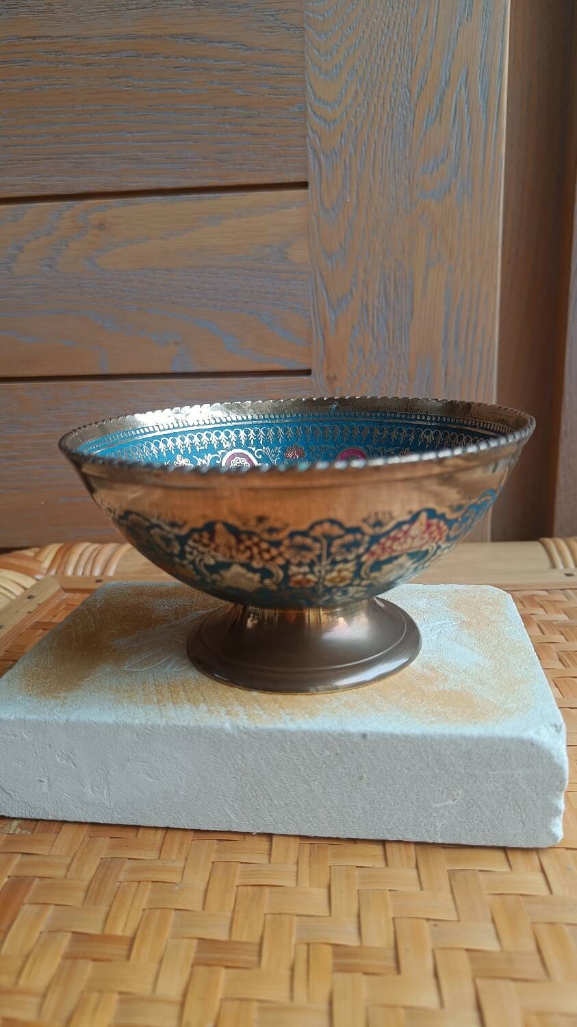 Brass footed bowl with coloured patterns