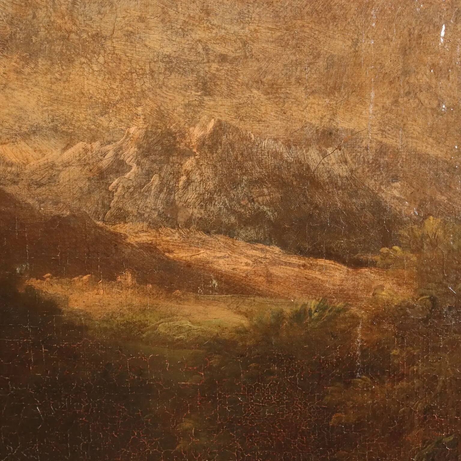 Landscape painting with figures and herds, oil on canvas, 18th century.