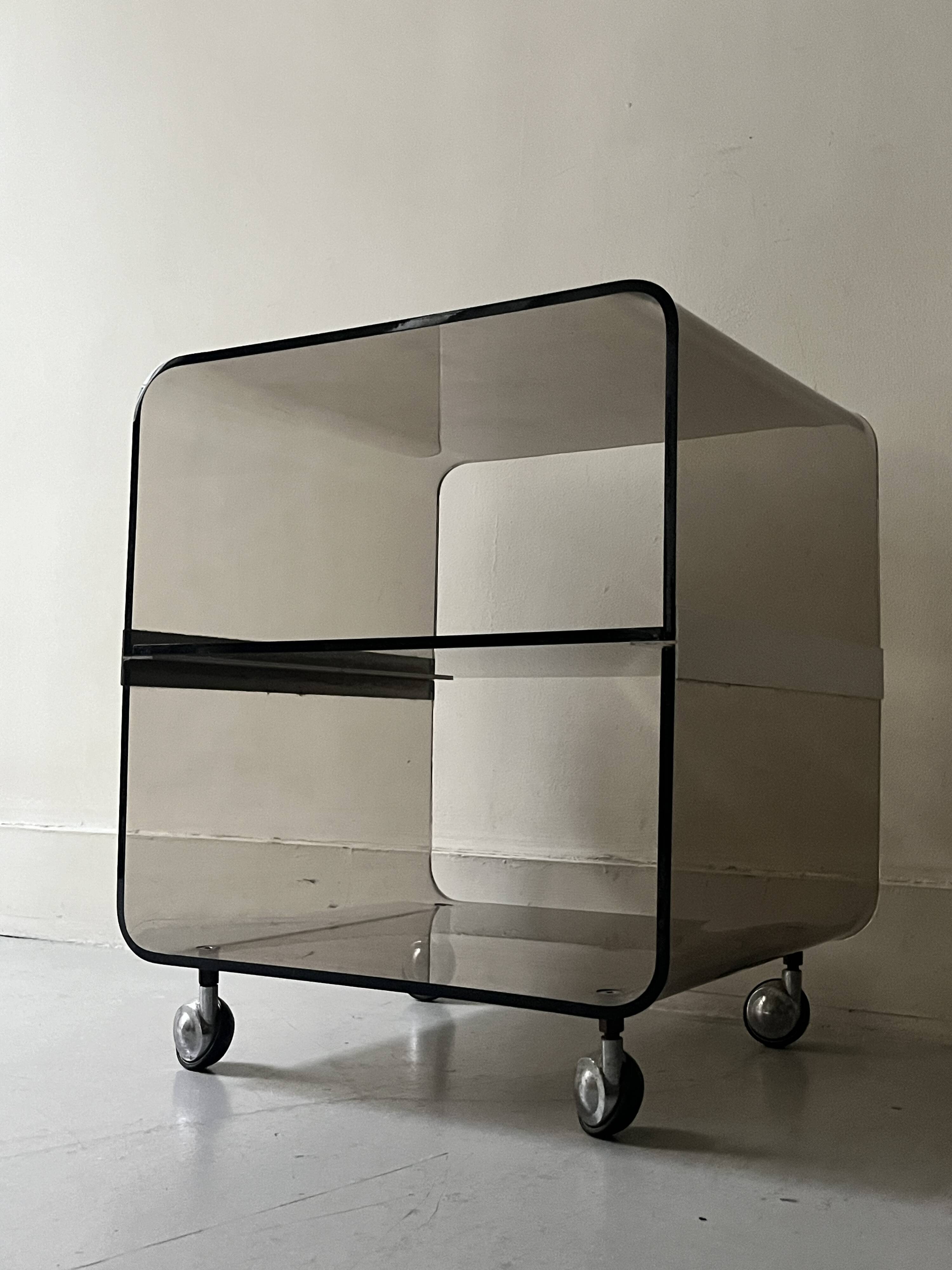 Smoked plexiglass side table by m. dumas for roche bobois, design 1970