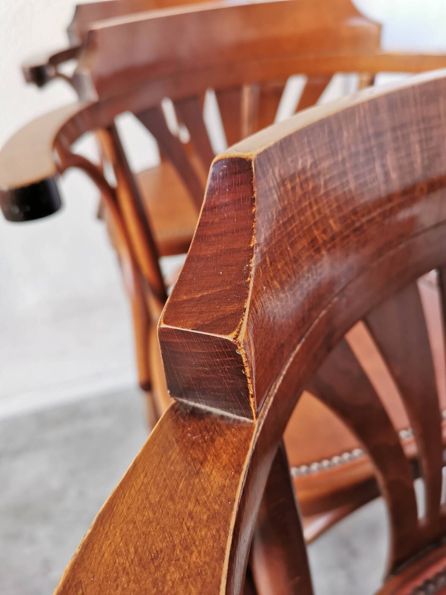 Set of 6 Vintage Bentwood Bar Stool Set: Brown Leather Seat, Nailhead Trim