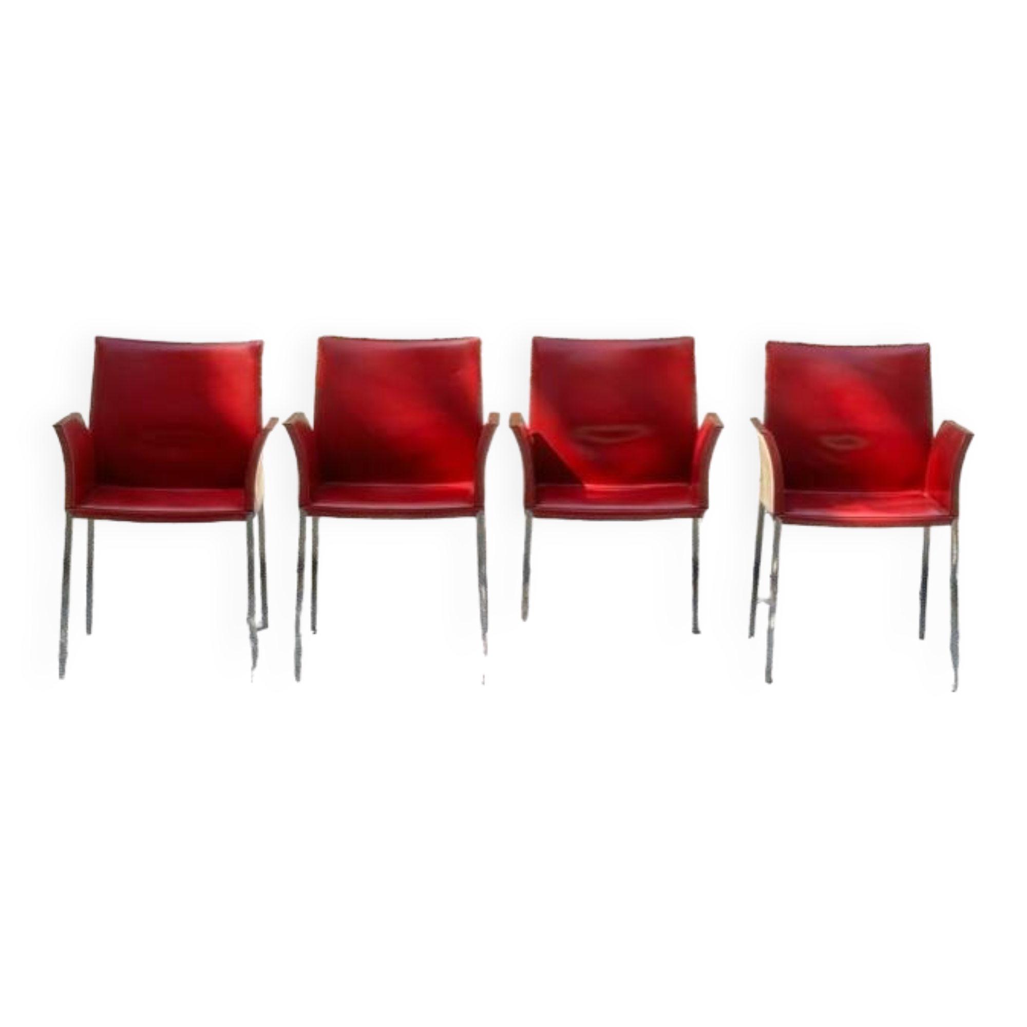 Set of 4 Zanotta armchairs in red leather