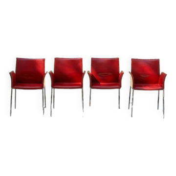 Set of 4 Zanotta armchairs in red leather