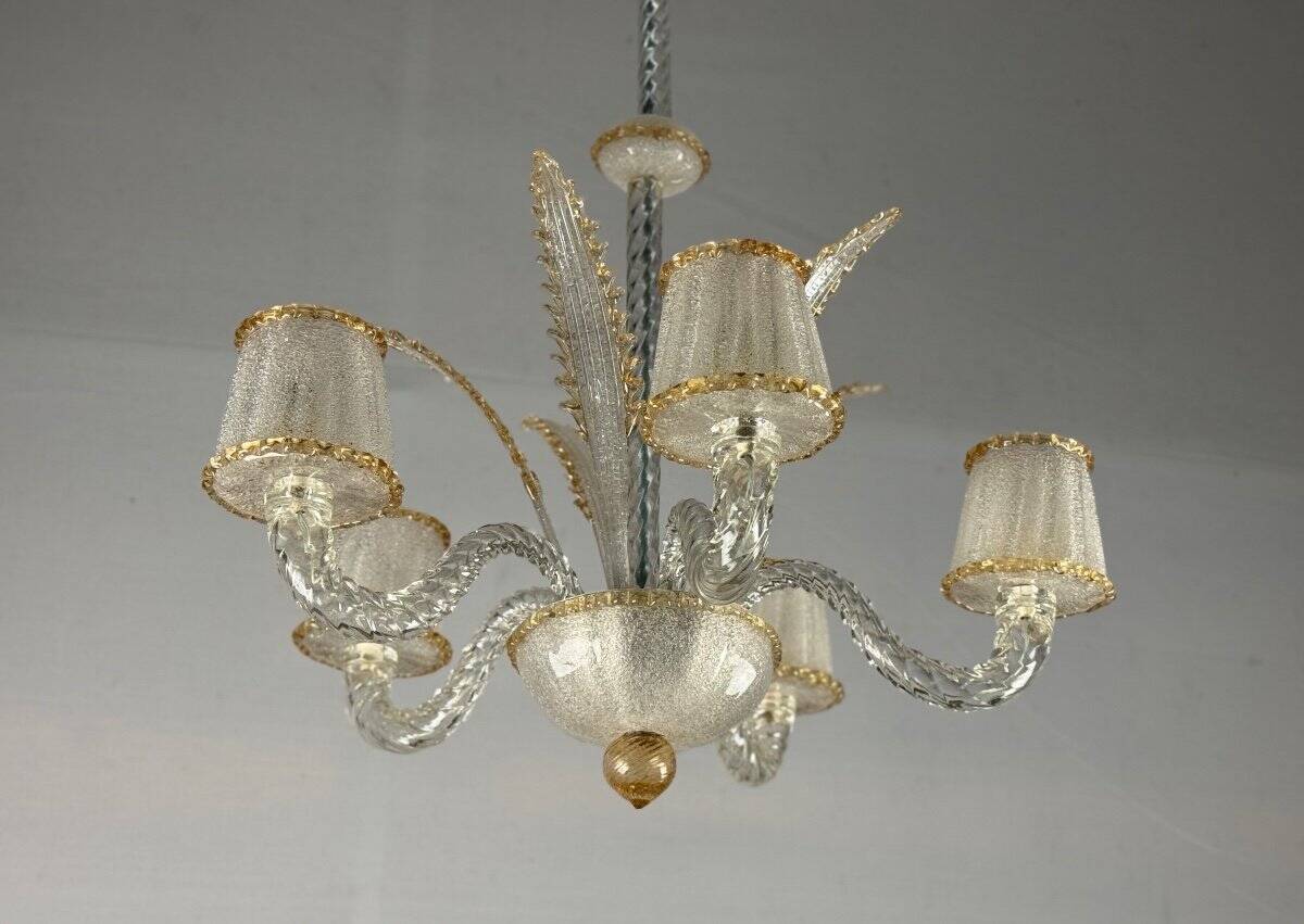 Venetian chandelier in colorless and gilded Murano glass circa 1950