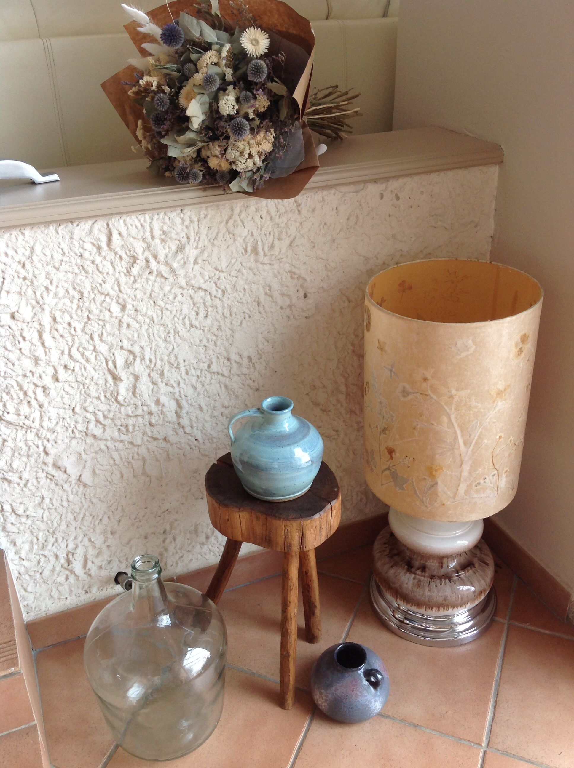 Ceramic floor lamp with a fat lava finish and herbarium shade / vintage 1960s-70s