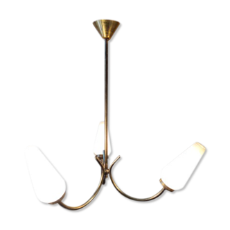 Vintage modernist chandelier mid-century Arlus years 50-60 brass 3 fires opalescent glass