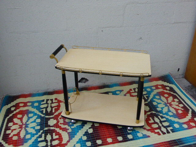 Rolling table vintage and design 1950, wood and gold metal