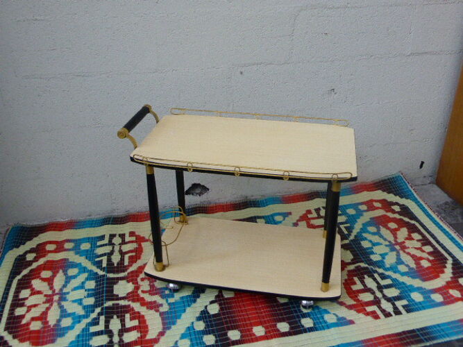 Table roulante vintage et design 1950, bois et métal doré