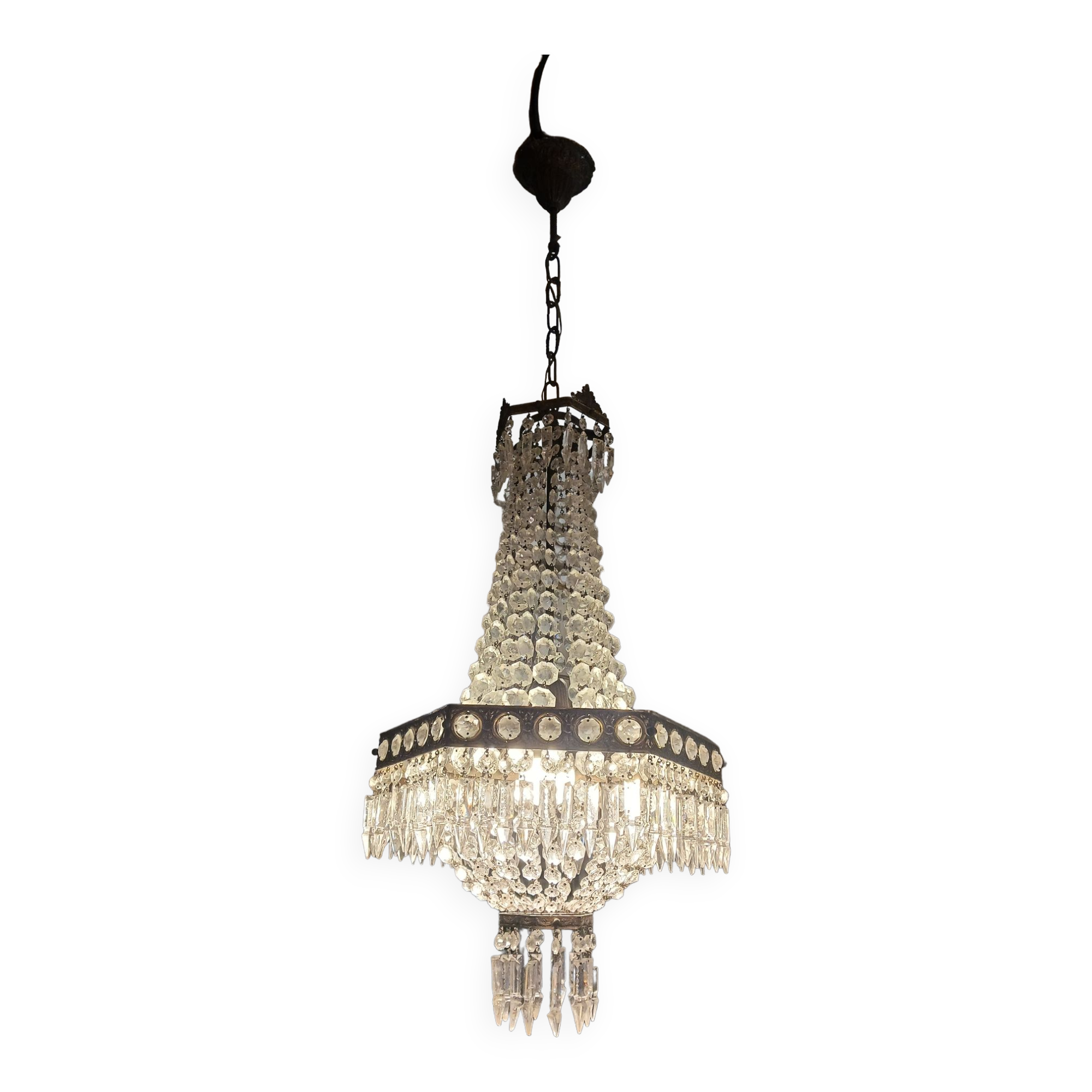 Hexagonal hot air balloon chandelier, glass pendilles, first half of the XX th