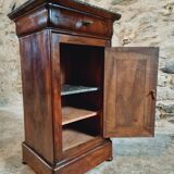 Antique Louis-Philippe style bedside table with walnut veneer and marble top