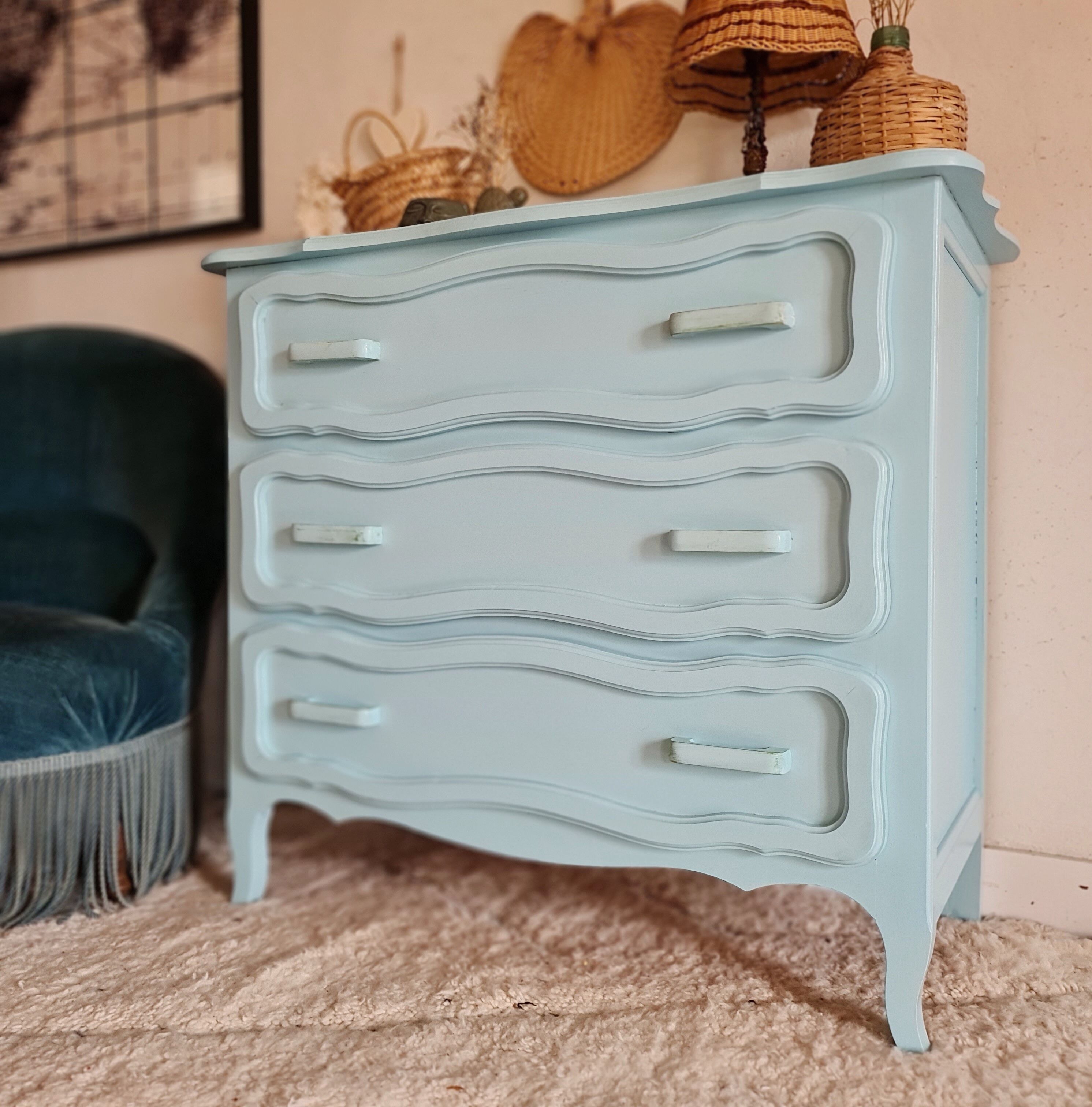 Antique chest of drawers in light blue wood
