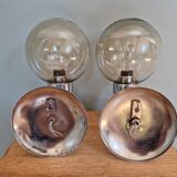 Pair of vintage wall lights in chromed metal and smoked glass, 70s