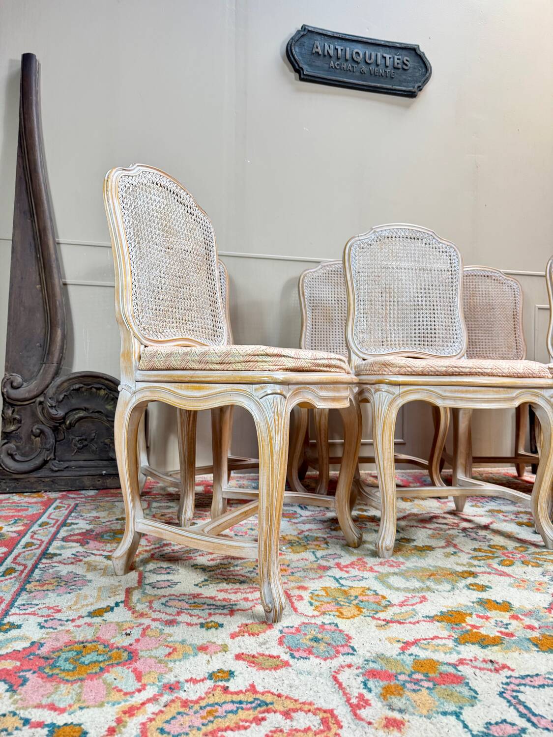 Set of six Louis XV style lacquered wood caned chairs