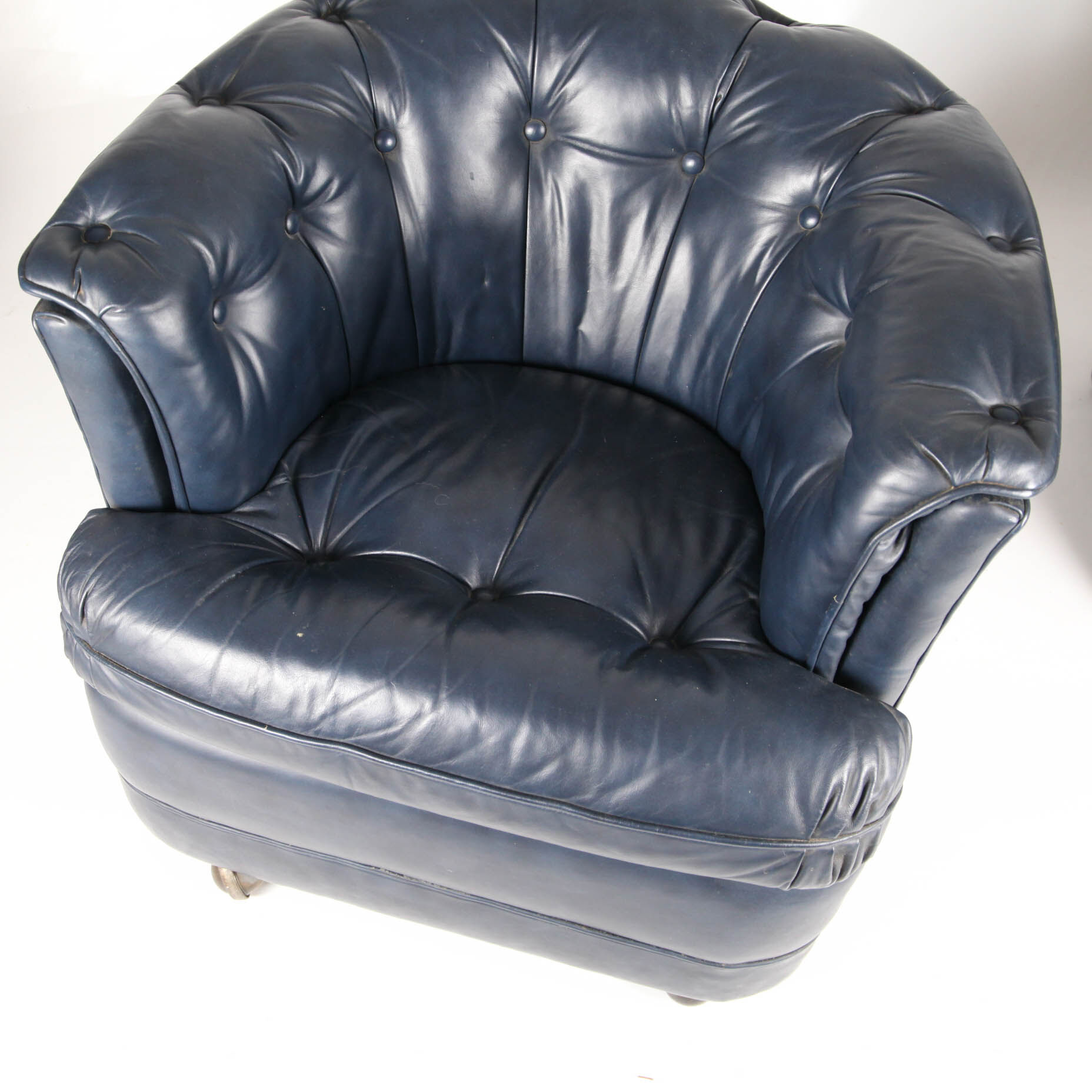 Suite of 3 small armchairs in midnight blue leather with castors